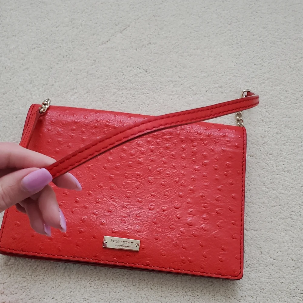 Kate Spade Portola Valley Ostrich Embossed Leather Shoulder Bag in Spice Red
